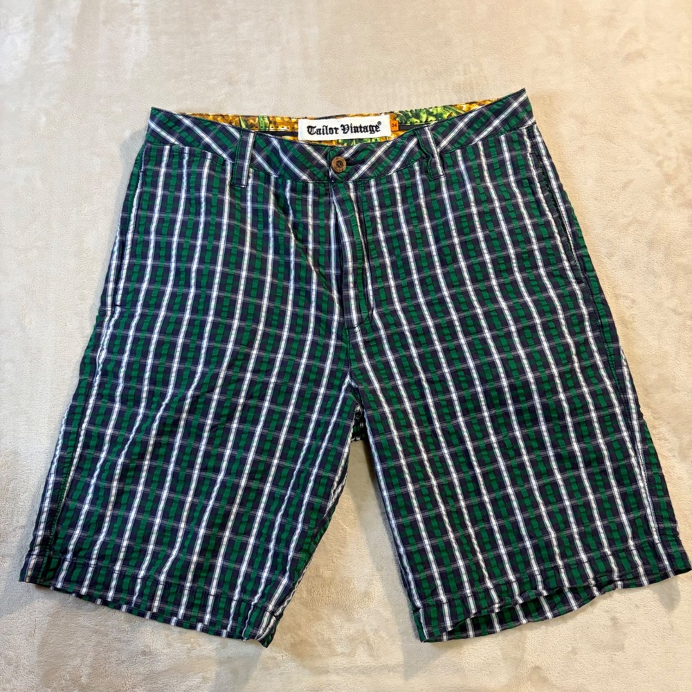 Tailor Vintage Mens Green Navy Blue Plaid Seersucker Shorts Size 34 Cotton